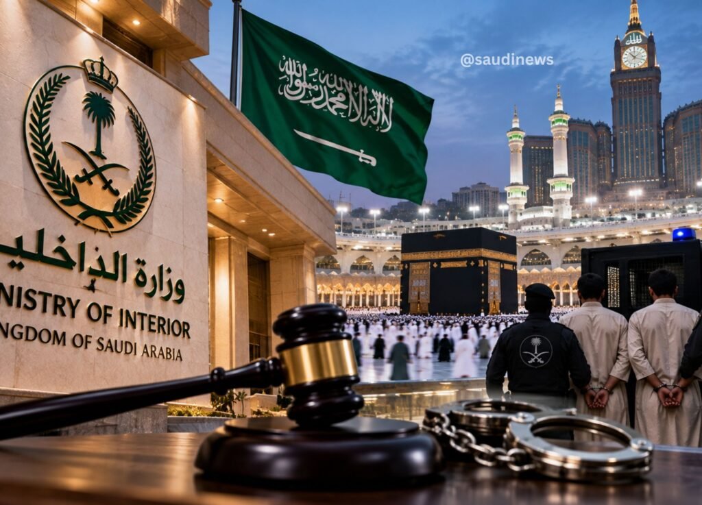 saudi-newsorg 1 - Saudi News Saudi flag waving beside a government building as a large crowd prays near the Kaaba in Mecca, with guards in foreground.