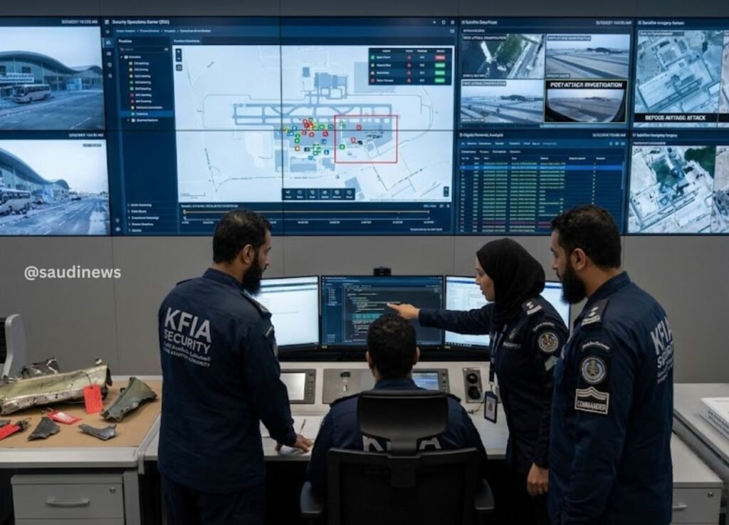 saudi-newsorg 16 - Saudi News Security operators in a control room monitor large multi-screen display monitoring maps and feeds.
