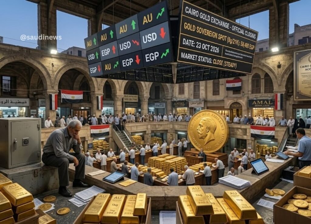 Trading hall with gold bars and a large coin statue; digital boards show gold, USD, and EUR rates in Cairo's exchange.