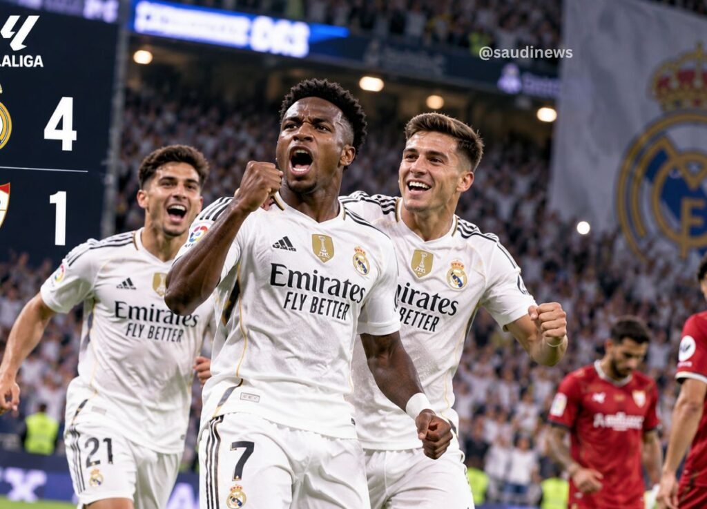 saudi-newsorg 4 - Saudi News Real Madrid players celebrate a goal on the field in white jerseys with Emirates Fly Better, crowd cheering in the background.